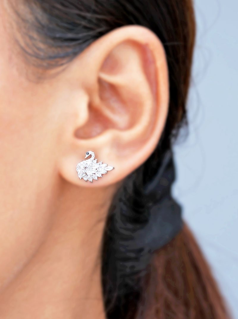 Flaunting Swan Stud Earrings (Pure Silver) - Silver